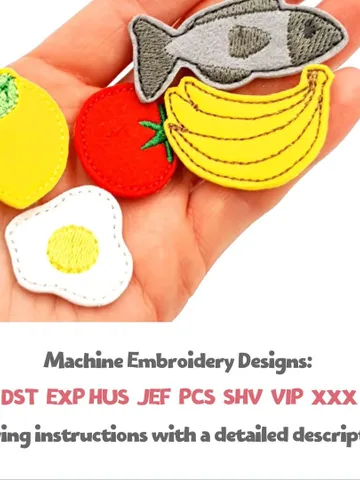 ITH Felt Play Food Embroidery Design Set, Miniature Kitchen Toy Fruit Fish Meat Pattern, 4x4 Hoop Digital File $4.00