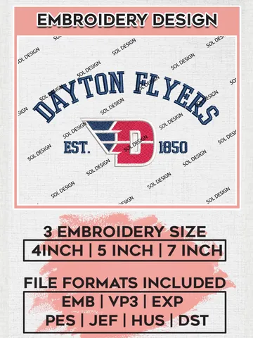 Dayton Flyers Est 1850 Logo Embroidery Designs, NCAA Dayton Flyers Team Embroidery, NCAA Team Logo, 3 sizes, Machine embroidery Files, Digital Download $6.99