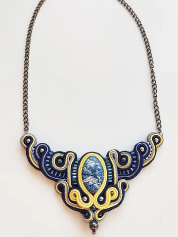 Blue necklace, Statement necklace, Boho necklace, Soutache embroidered necklace