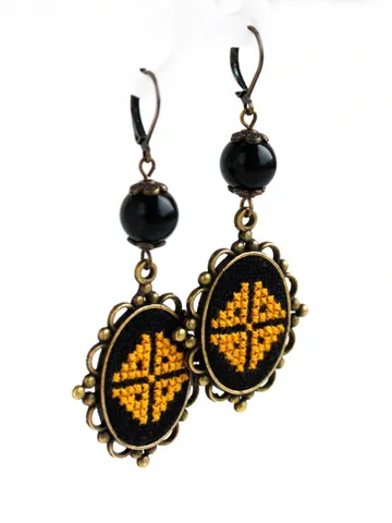 Honeycomb mustard yellow earrings dangle Long ethnic earrings Black yellow jewelry Long evening Black agate earrings Ukrainian earrings