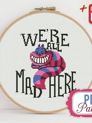 Cheshire Cat Cross stitch pattern Alice in Wonderland Cross stitch pattern Quote We’re all Mad Here PDF Format Instant Download Home decor $5.94