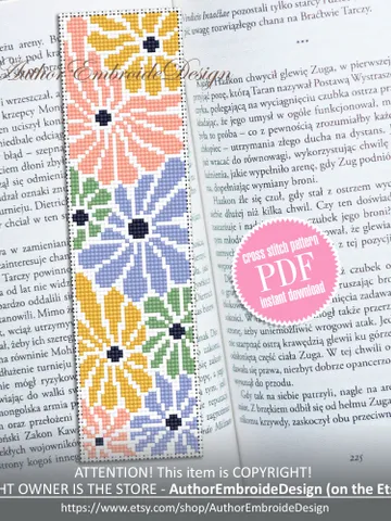 Abstract flowers bookmark cross stitch pattern PDF download Boho flowers cross stitch chart, Modern bookmark pattern digital PDF #B302 $4.40
