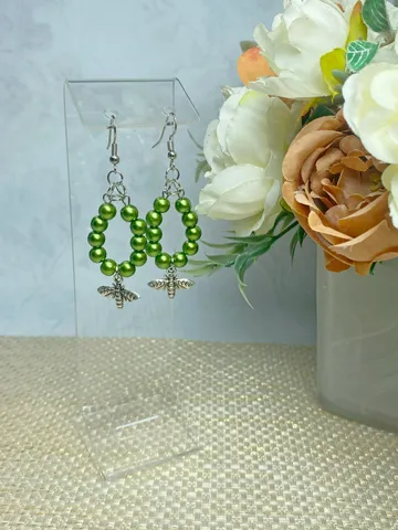 Earrings with green flies. Handmade jewelry. $26.00