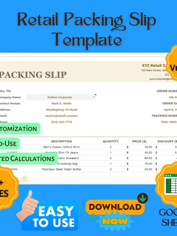 Retail Packing Slip Template, Printable Order Invoice, Google Sheets Packing List, Shipping Document for Retail Stores $5.90
