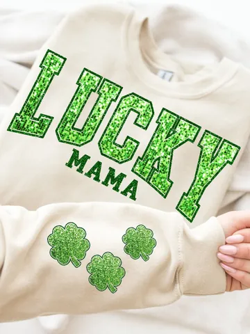 Sequin Lucky Mama Varsity PNG, St Patrick's Png, Mom Shirt, Lucky Varsity Png, St Patty's Png | Glitter Sequin | Sleeve Trendy St Patricks $3.34