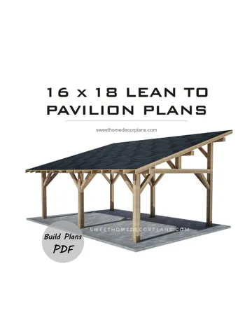 DIY 16 x 18 lean to pavilion plans pdf. Detached carport plans. Wooden covered gazebo outdoor plans. Timber frame backyard pavilion plans. $16.90