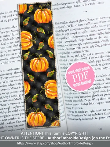 Pumpkin fall bookmark cross stitch pattern PDF download Pumpkin cross stitch chart Handmade bookmark digital pattern Autumn embroidery #B228 $4.40