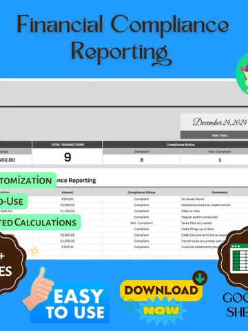 Financial Compliance Reporting Template, Editable Google Sheets, Digital Download for Regulatory Reporting & Audit Preparation $6.86