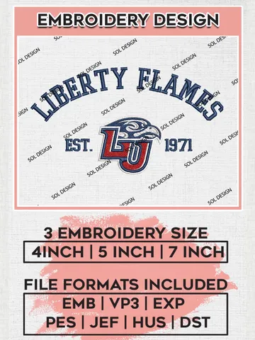 Liberty Flames Est 1971 Logo Embroidery Designs, NCAA Liberty Flames Team Embroidery, NCAA Team Logo, 3 sizes, Machine embroidery Files, Digital Download $6.99