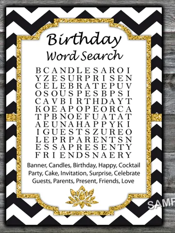 Black White Chevron Birthday Word Search Game,Adult Birthday party game-fun games for her-Instant download $1.75