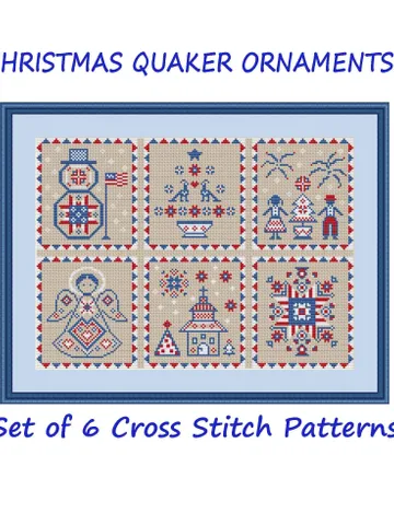 Patriotic Christmas Quaker cross stitch patterns ornaments Mini Xmas xstitch counted charts modern easy Angel Snowmen Church Snowflakes