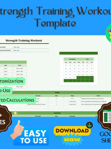 Strength Training Workout Template, Editable Google Sheets, Digital Planner for Building Muscle & Tracking Progress $8.26