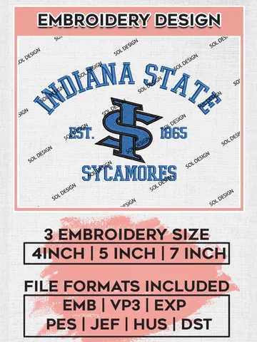 Indiana State Sycamores Est 1865 Logo Embroidery Designs, NCAA Indiana State Sycamores Team Embroidery, NCAA Team Logo, 3 sizes, Machine embroidery Files, Digital Download $6.99