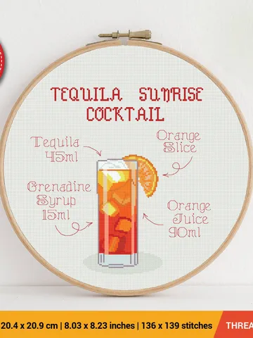 Tequila Sunrise Cocktail Cross stitch pattern | Embroidery Pattern | Instant Download | Embroidery Designs $5.94