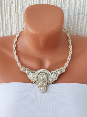 Wedding necklace, White beige necklace, Soutache embroidery, Rhinestone beaded necklace