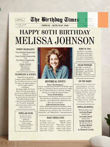 80th birthday personalized gift, back in 1945 newspaper poster sign PRINTABLE, 80th birthday gift for men or women, Irish 1945 fun facts $15.00