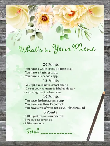Floral Birthday Game What's in Your Phone Birthday Party Game,Adult Birthday party game-fun games for her $1.75