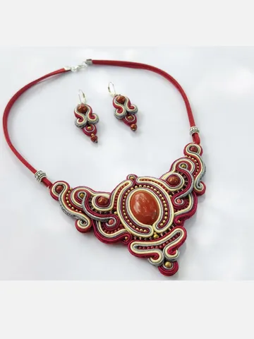 Red Jasper Necklace Jewelry set, soutache necklace and earrings