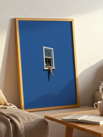 Minimalist Blue Window Art Print, Modern Wall Art Woman Reading Poster, Mid Century Style Printable, Calm Aesthetic Digital Download $3.99