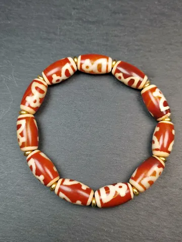 Gandhanra Tibetan Fire Agate Dzi Bead Bracelet, 18× 10mm Red Wealth God Dzi Wrist Mala, God of Wealth Amulet Bracelet $189.99