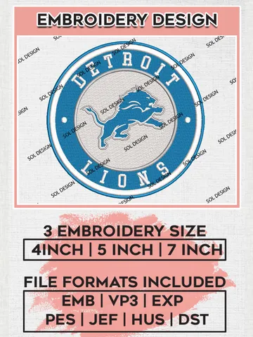 NFL Detroit Lions Circle Logo Embroidery Design Files, NFL Lions, NFL Embroidery Designs, NFL Detroit Lions Machine Embroidery Design, Digital Download