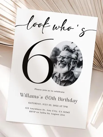 Look Who's 60 Funny Birthday Invitation, 60th Invitation with photo, 60th Birthday Invitation for Men, Simple 60th Invite, Male 60th Invites $8.00