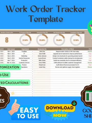 Work Order Tracker Template, Editable Google Sheets, Job Assignment and Progress Monitoring, Project Management Tool $8.26