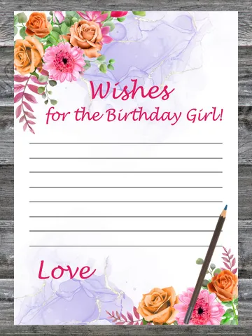 Flowers Birthday Game Wishes for the birthday girl,Adult Birthday party game-fun games for her-Instant download $1.75