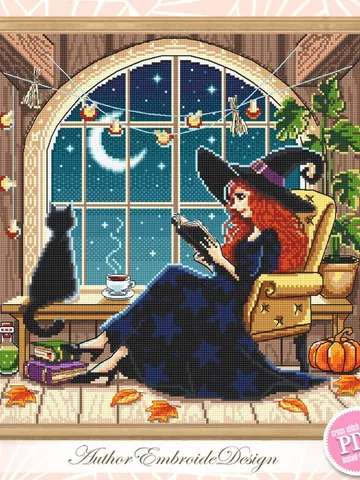 Reading witch cross stitch pattern PDF download Witch home cross stitch chart, Halloween witch pattern digital PDF, Cozy fall window #H88 $5.50