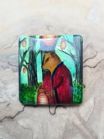 Kitsune brooch, real oil painting miniature on mother of pearl. Kitsune fox pin $40.00
