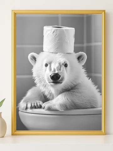 Baby Polar Bear Bathroom Wall Art, Cute Arctic Animal with Toilet Paper, Funny Black & White Digital Download, Winter Bathroom Décor $3.50