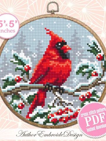 Christmas cardinal cross stitch pattern PDF download Red bird cross stitch chart, Christmas pattern digital PDF, Cardinal embroidery #N161 $3.95