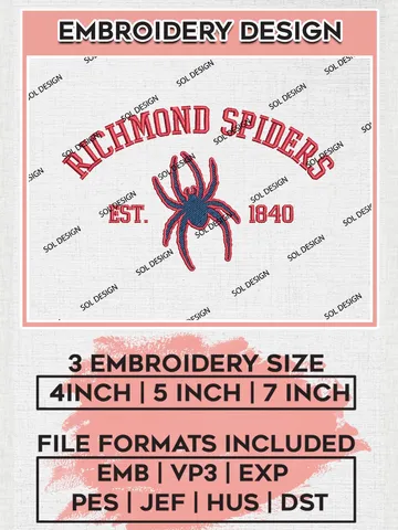 Richmond Spiders Est 1840 Logo Embroidery Designs, NCAA Richmond Spiders Team Embroidery, NCAA Team Logo, 3 sizes, Machine embroidery Files, Digital Download $6.99