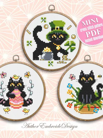 Set Black cat cross stitch pattern PDF download Cat holiday cards cross stitch chart, Small cat pattern digital PDF, Cat lover gift #T39 $5.00