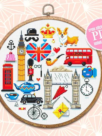 England cross stitch pattern download PDF United Kingdom Pattern round sampler London cross stitch British cultural icons Home decor #E5 $6.20