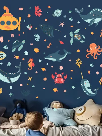 Submarine Wall Decal Whale Ocean House decor Underwater Bathroom Kids Fish Stickers el12 $51.99