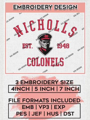 Nicholls Colonels Est 1948 Logo Embroidery Designs, NCAA Nicholls Colonels Team Embroidery, NCAA Team Logo, 3 sizes, Machine embroidery Files, Digital Download $6.99