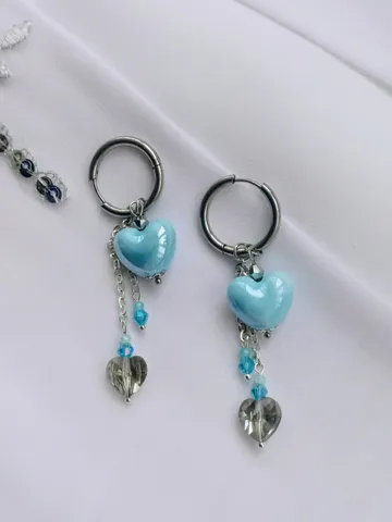 Handmade hoop earrings transformers with 6 pendants, blue and silver heart shaped earrings, Swarovski pearls earrings $65.00
