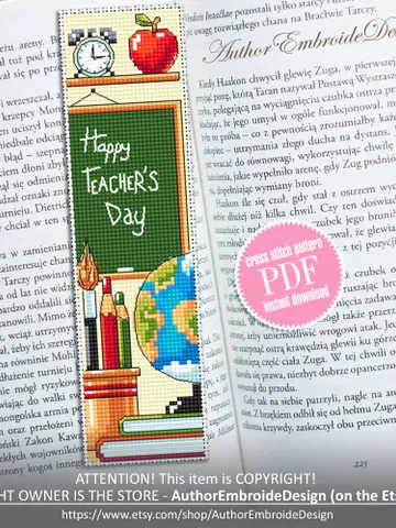 Teacher bookmark cross stitch pattern download PDF Happy teachers day, Handmade bookmark pattern digital PDF, Teachers day gift School #B349 $4.40