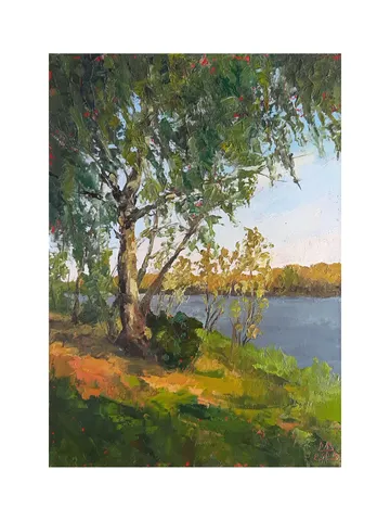 Autumn Pond Painting 12x8,5" Birch Tree Landscape ORIGINAL ART Impressionist Artwork hand painted by artist Marina Chuchko $195.00
