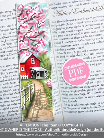 Spring bookmark cross stitch pattern PDF download Cherry blossom tree cross stitch chart, Nature bookmark pattern digital PDF Red barn #B469 $4.40