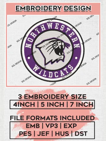NCAA Northwestern Wildcats Round Logo Embroidery, NCAA Northwestern Wildcats Logo Embroidery files, NCAA Teams, Machine embroidery designs, Digital Download $6.99
