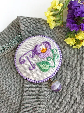 Personalized purple pansy brooch pin with agate Handmade miniature floral brooch with letter Cloth linen jewelry anniversary gift $35.00