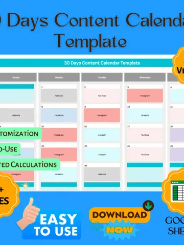 30 Days Content Calendar Template, Monthly Social Media Planner, Google Sheets Marketing Schedule, Digital Post Organizer $6.90