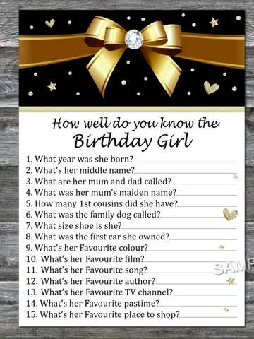 Golden bow How well do you know the birthday girl,Adult Birthday party game-fun games for her-Instant download $1.75