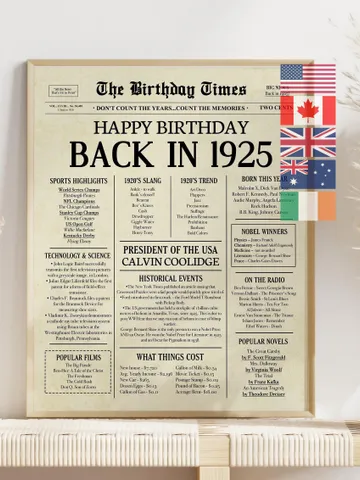 100th Birthday Newspaper Poster, Born in 1925, Vintage 1925 Birthday Sign, 100 Years Ago, Printable Gift for Grandma $7.00