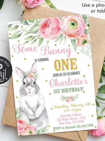 Some Bunny is One Birthday Invitation Girl 1st Birthday Invitation, Bunny Birthday Invitation Instant Download, Editable Template $7.00