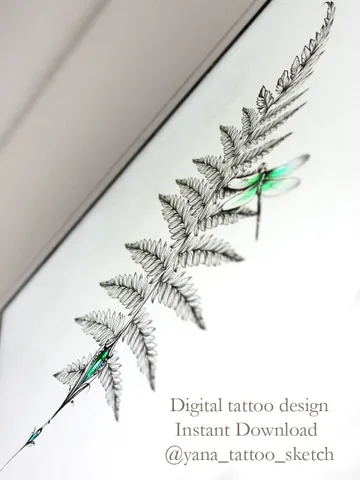 Fern Tattoo Design Dragonfly And Leaf Fern Tattoo Idea Stencil Sketch, Instant download PDF, JPG
