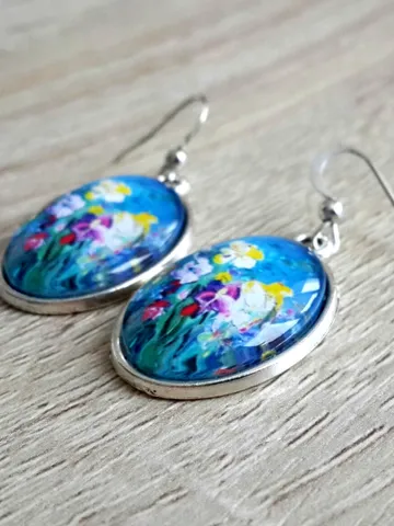 Claude Monet earrings, Iris Earrings, Claude Monet Iris art painting $38.47
