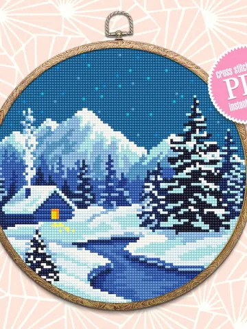 Winter cross stitch pattern download PDF Mountain landscape embroidery Winter forest cross stitch chart Starry night Winter house PDF #L33 $4.60